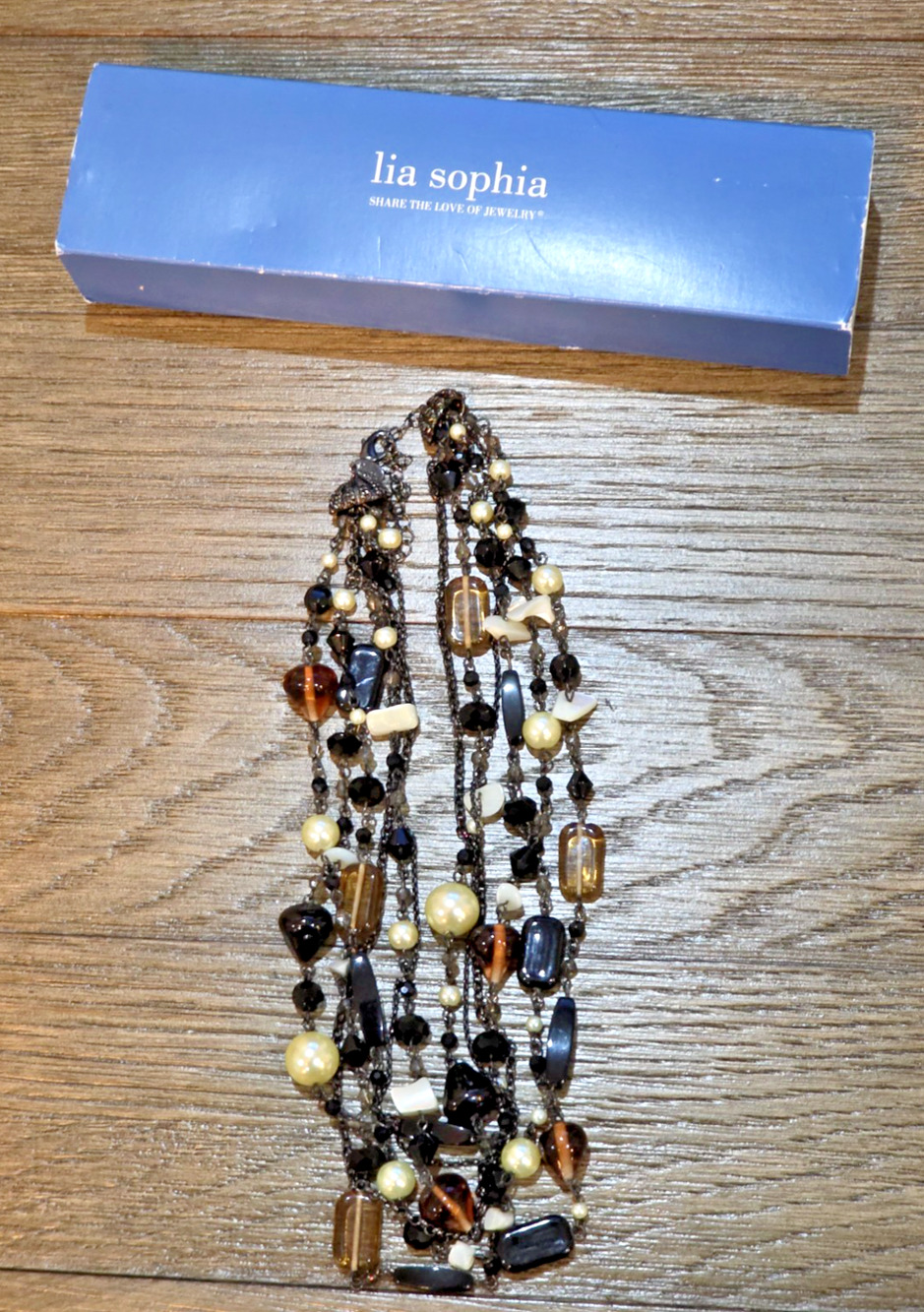 Lia Sophia Multi Strand Glass Bead Necklace Black Brown Faux Pearl White Bead